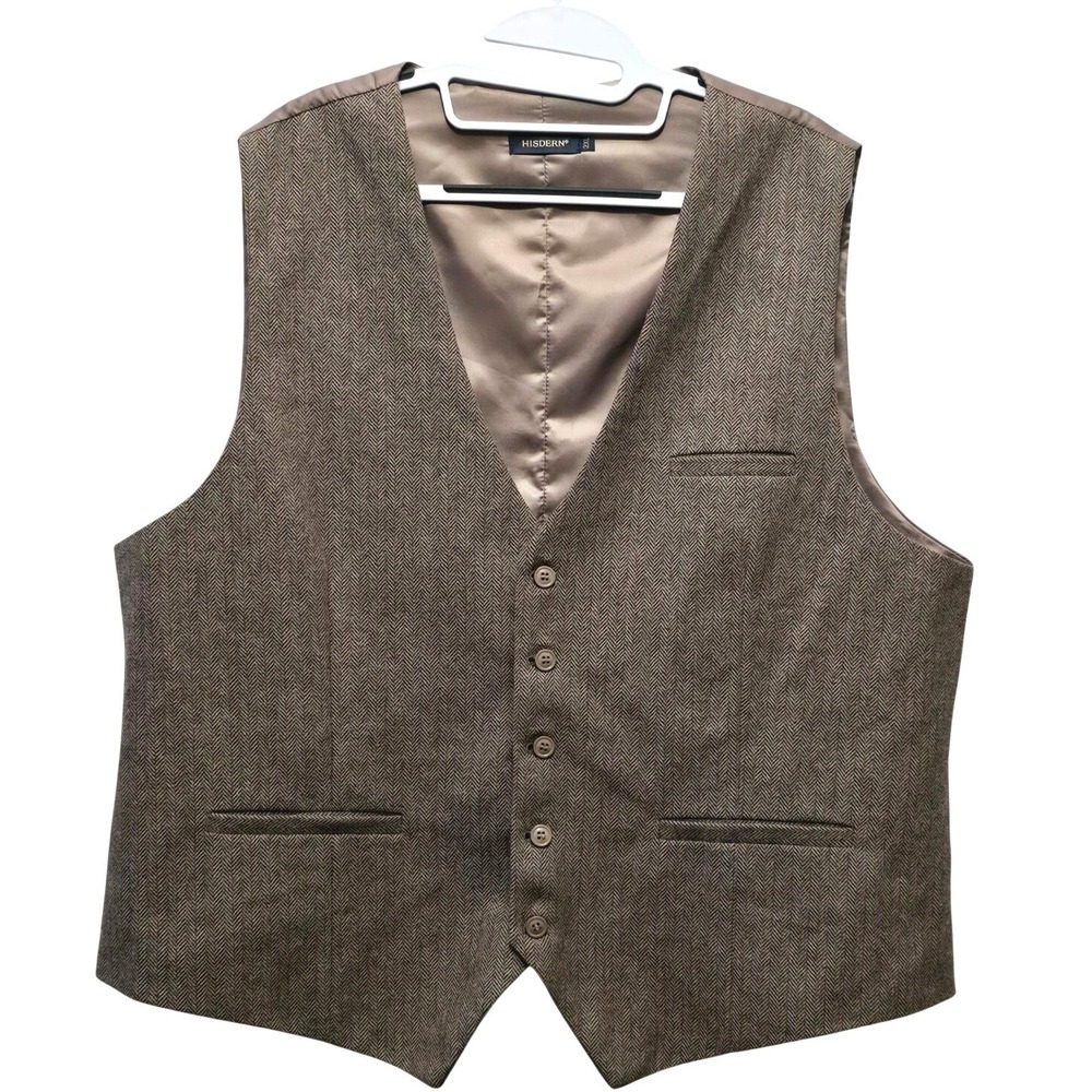 Hisdern Mens Brown Herringbone Tweed Suit Vest Waistcoat Sz 2XL Adjustable‎ Back